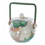 Clarice Cliff 'Viscaria' biscuit barrel and cover, with a wicker swing handle, shape 335, 6" high