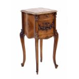 French bedside pot cupboard, the serpentine  rouge marble top over a single drawer and carved