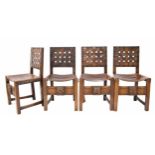Set of four Arts & Crafts style oak dining chairs, with slung leather seat and lattice leather strap