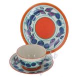 Clarice Cliff Fantasque 'Cherry' trio retailed by Lawley's, comprising a tea cup, saucer and side