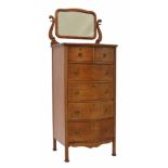 French mahogany serpentine tall boy chest of drawers, with swing mirror, 24" wide, 21" deep, 65"