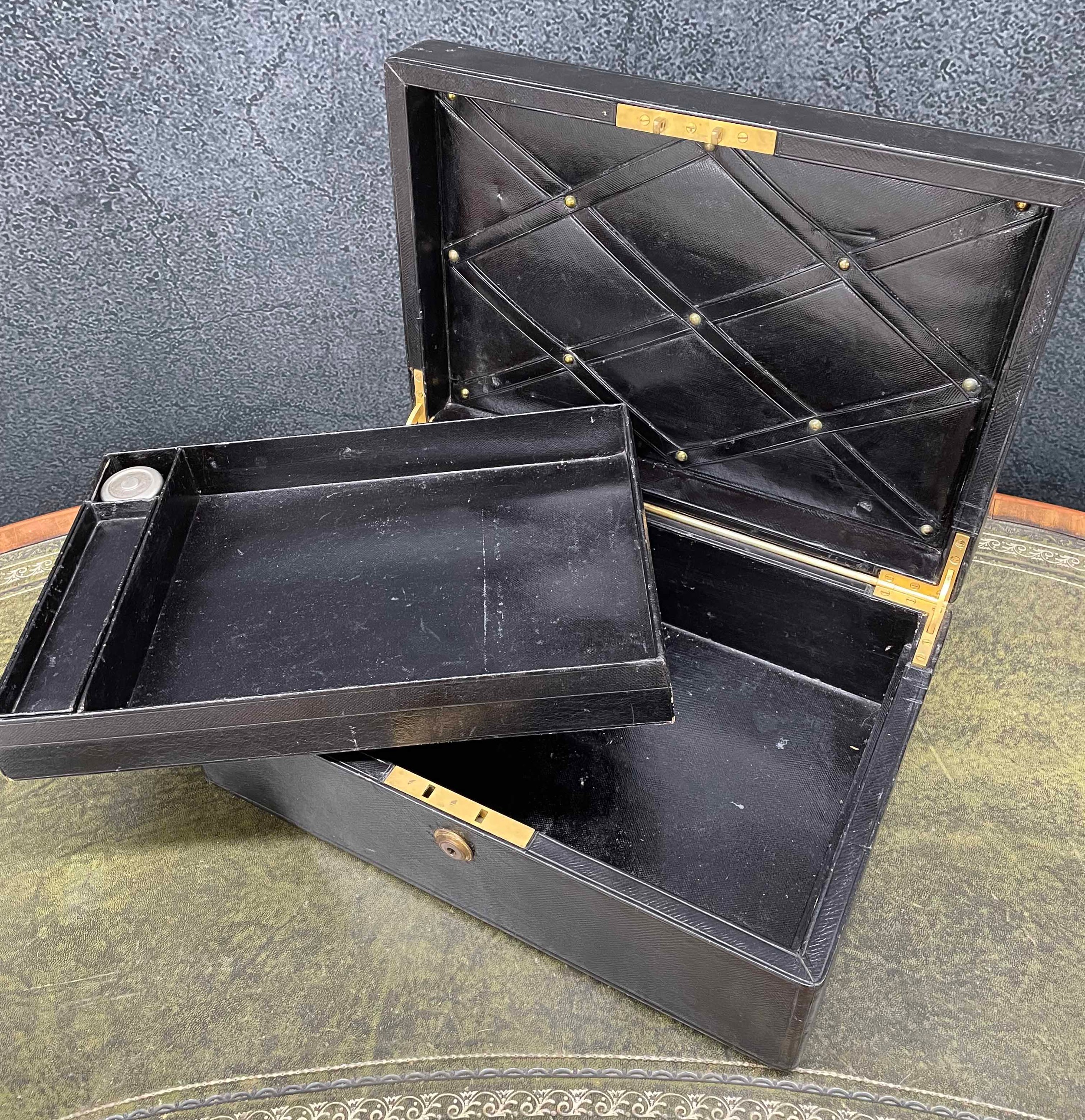 Early 20th century leather bound travelling stationery case, the hinged cover with recessed brass - Image 4 of 4