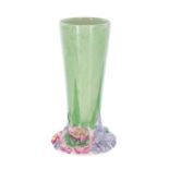 Clarice Cliff Bizarre 'My Garden' vase, shape 664, green ground with a moulded pastel base, 6" high
