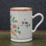 18th century Chinese famille rose porcelain tankard, decorated with a blossom garden scene with