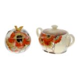 Clarice Cliff Bizarre 'Rhodanthe' apple preserve pot and cover, 3.5" high; together with a twin-