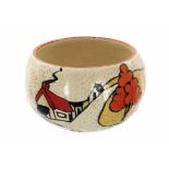 Clarice Cliff Fantasque Bizarre 'House & Bridge' preserve pot base, 2.25" high