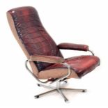 Skoghaug Industri Norway leather reclining armchair, lever adjusting on a chrome tubular revolving