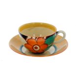 Clarice Cliff Fantasque 'Floreat' globe cup and saucer, the saucer 5.5" diameter