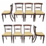 Good set of eight Regency rosewood dining chairs, with pierced carved bar backs over bergere cane