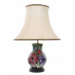 Moorcroft Pottery 'Anemone Tribute' table lamp, mounted upon a turned base, labelled shape/type