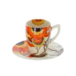 Clarice Cliff Bizarre 'Rhodanthe' Lynton cup and saucer, the cup 3" high, the saucer 4.5" diameter