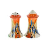 Pair of Clarice Cliff 'Windbells' muffineer salt and pepper pots, 3" and 3.5" high (2)