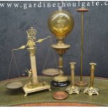 Selection of mixed brass to include an oil lamp on brass reeded support, with smoked glass globe