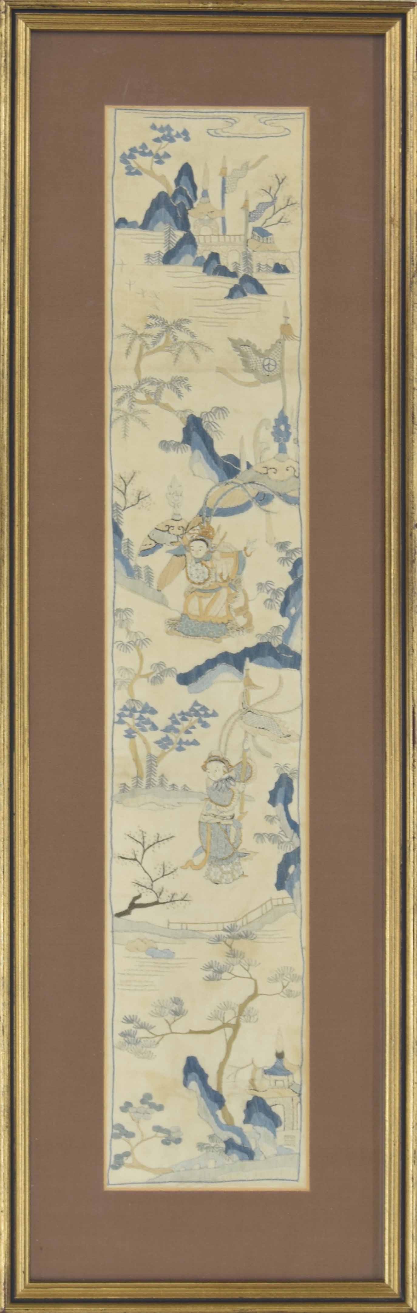 Chinese School - silk embroidered panel with figural garden scenes, 3.5" x 20.5", mounted and framed