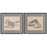 Japanese School - two similar erotic watercolour paintings on silk, 11" x 9.5" and 10" x 9.5" (2)