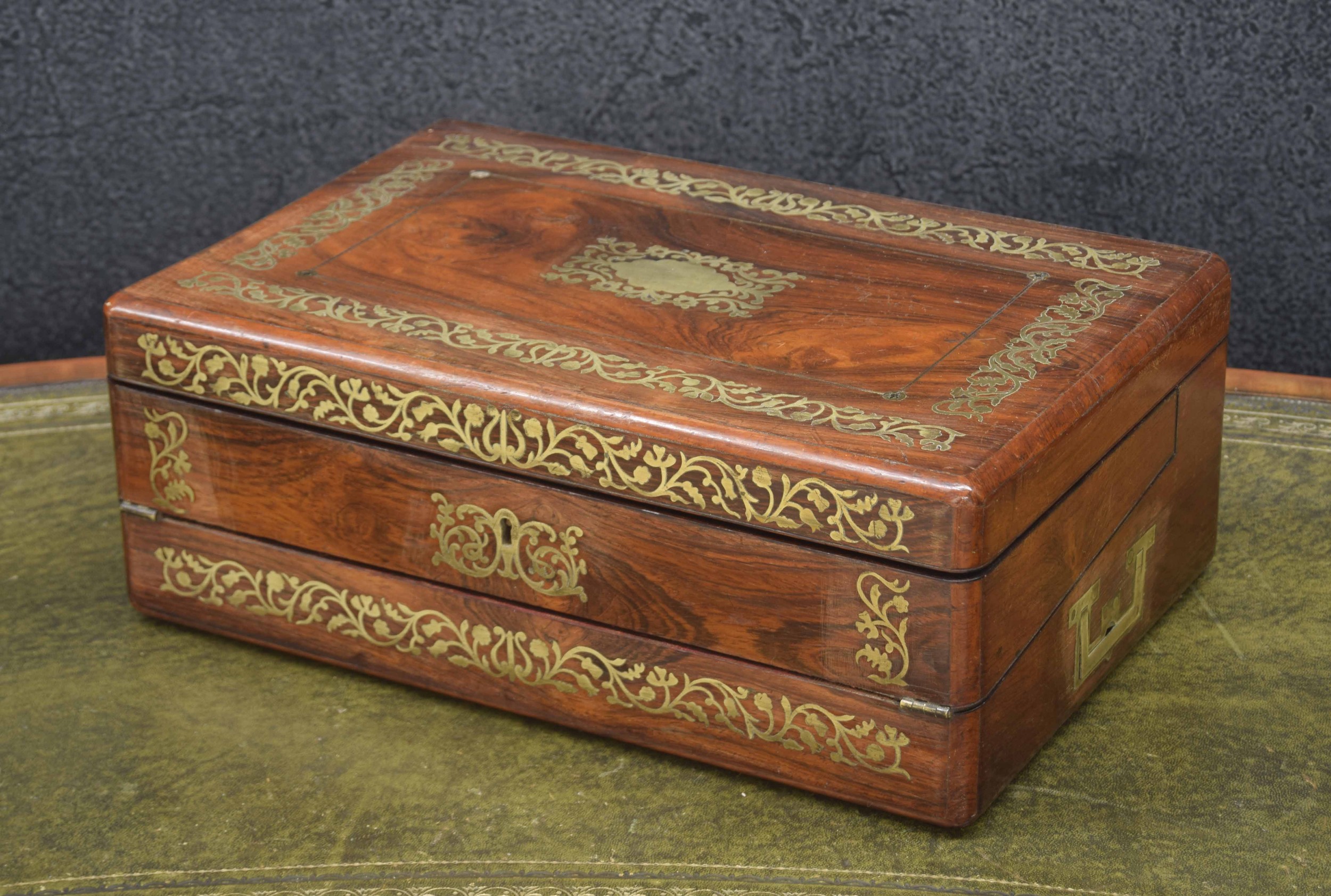 19th century rosewood and brass inlaid writing slope, the hinged cover with foliate brass inlaid - Image 2 of 2