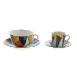 Clarice Cliff 'Original Bizarre' globe tea cup and saucer, with a printed gold backstamp, the saucer