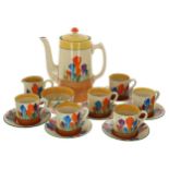 Clarice Cliff Bizarre 'Autumn Crocus' tankard coffee set for six, comprising a tankard coffee pot