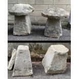 Two weathered staddle stones, with mushroom tops, tallest complete 25" high, 20" diameter top