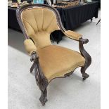 Victorian mahogany framed button upholstered armchair, 29" wide, 30" deep, the seat 14" high, t