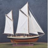Model yacht on stand, a Schooner with 2 masts, 27" high