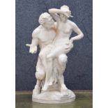19th century bisque porcelain figural group of a Satyr Zeus and Antiope daughter of King Asopus, (l