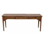 Provincial French elm serving table, the plank top over three short drawers raised on square
