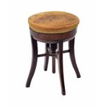 Victorian mahogany piano stool, with a height adjusting suede leather seat with stud border, over