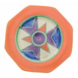 Clarice Cliff 'Original Bizarre' octagonal side plate, painted in shades of orange, blue and