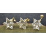 Three decorative glazed brass facet star ceiling light pendants, 13" drop