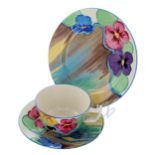 Clarice Cliff Bizarre 'Delecia Pansies' trio, comprising a cup, saucer and side plate, inscribed '