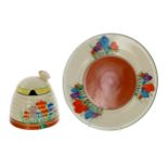 Clarice Cliff Royal Staffordshire 'Autumn Crocus' beehive preserve pot and cover, 3.75" high (the