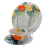 Clarice Cliff Bizarre 'Delecia Citrus' trio, comprising a tea cup, saucer and side plate, the side