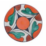 Clarice Cliff Bizarre side plate, painted with abstracts in shades of orange, green and brown with