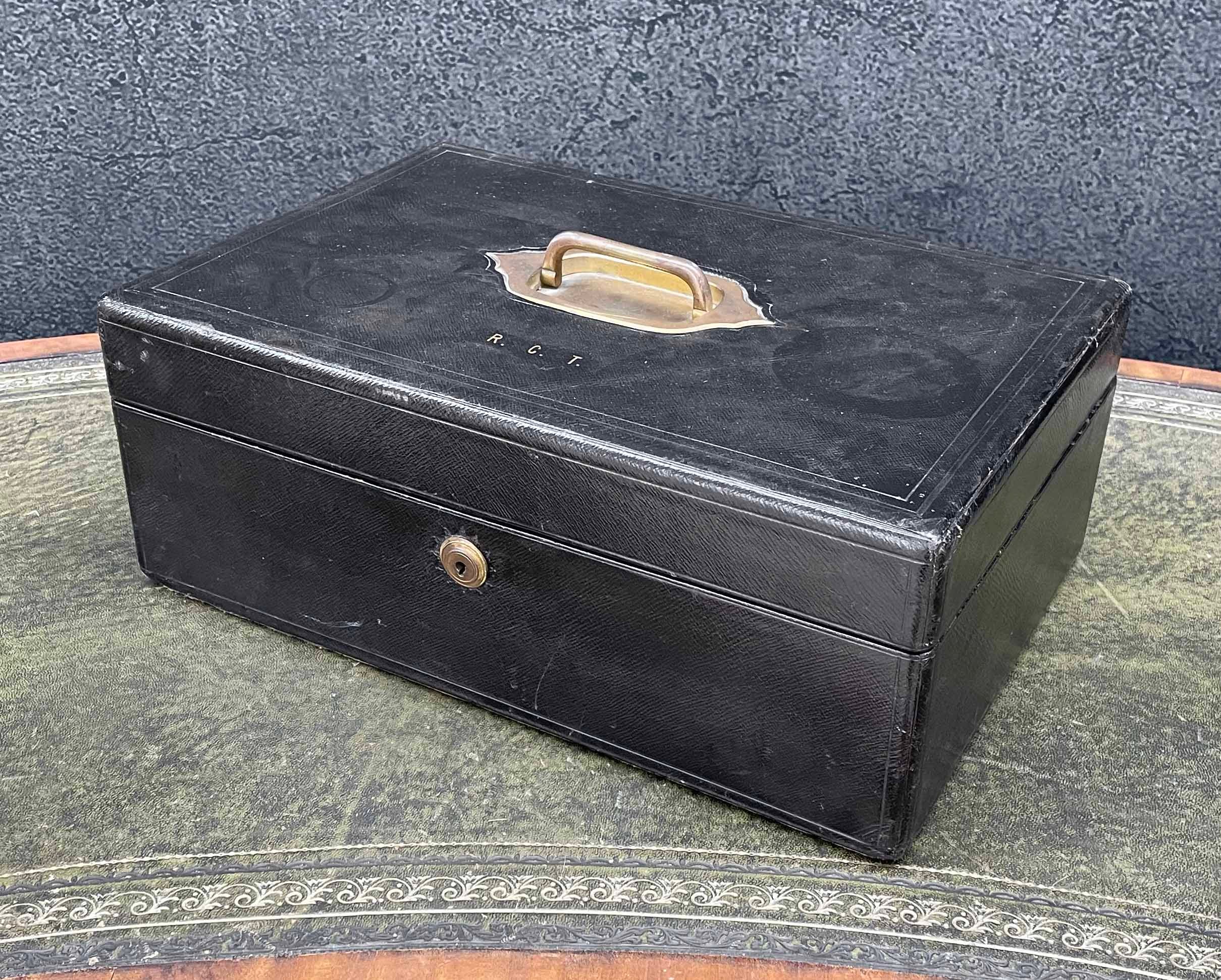 Early 20th century leather bound travelling stationery case, the hinged cover with recessed brass - Image 2 of 4