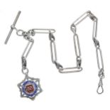 Silver Figaro link watch Albert chain with silver clasp, T-bar and silver 'Uttoxeter & Dist.