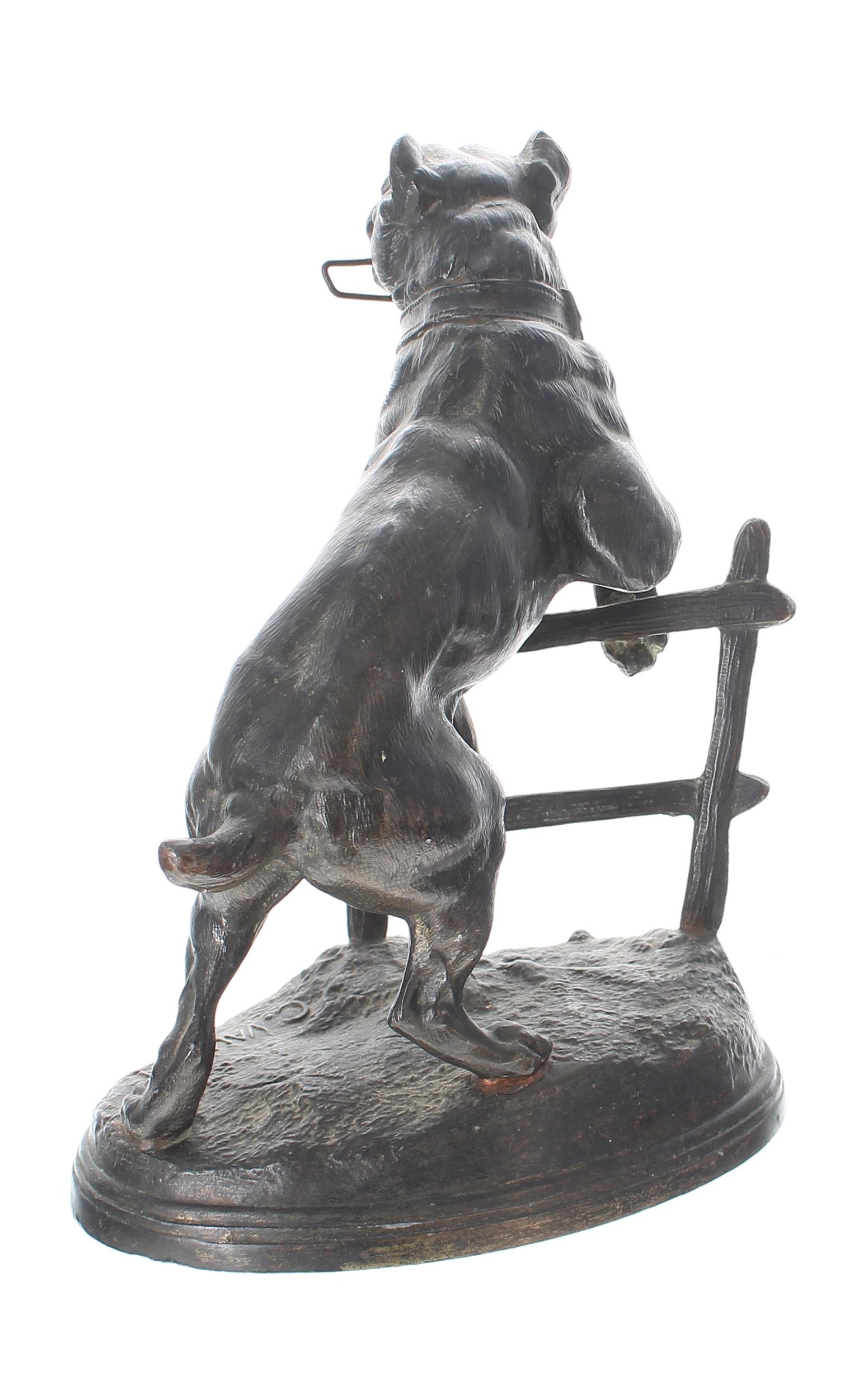 Spelter novelty pocket watch stand in the form of a guard dog upon hind legs climbing a fence, - Image 2 of 3