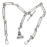 White metal Figaro link double watch Albert chain with silver T-bar, two silver swivel clasps and