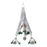 Modern attractive four strand ribbon chatelaine, with four tassel fobs, green stone set pendant,