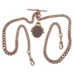 Good 9ct graduated curb double watch Albert chain, with two 9ct clasps, 9ct T-bar and a 15ct