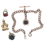 Gold plated curb watch Albert chain with T-bar, swivel clasp and loop and a 9ct bloodstone horseshoe
