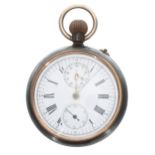 Gun metal chronograph lever pocket watch, frosted movement with compensated balance and regulator,