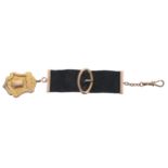 9ct medallion fob, 7.4gm; with a ribbon fob, with buckle, 9ct mounts and a 9ct clasp (2)