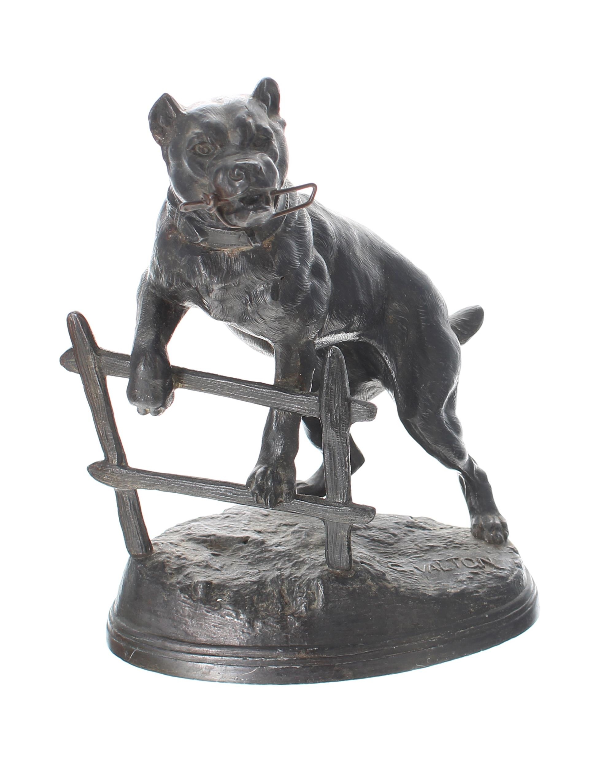 Spelter novelty pocket watch stand in the form of a guard dog upon hind legs climbing a fence,