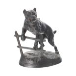 Spelter novelty pocket watch stand in the form of a guard dog upon hind legs climbing a fence,