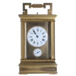 Good French repeater carriage clock with alarm, the movement striking with two hammers on a gong and