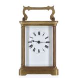 Carriage clock timepiece, within a corniche brass case, 5.75" high
