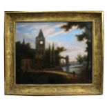 Good French picture clock, the 1.25" dial inset into a church tower overlooking an estuary and