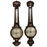 Rosewood and mother of pearl inlaid barometer/thermometer, the 8" silvered dial signed J. Pinsil &