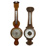 Mahogany inlaid wheel barometer/ thermometer, the 8" silvered dial signed Colin Masters, Calne,